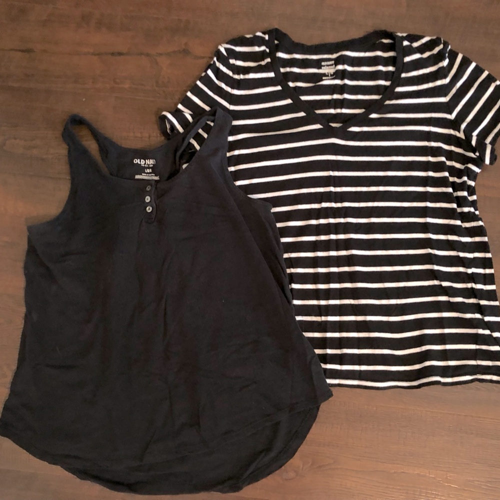 Old Navy Women's Black and White Striped Relaxed T Shirt and Black Tank Top